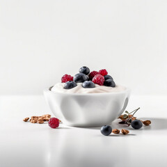 yogurt with berries, berries in a bowl, yoghurt white background