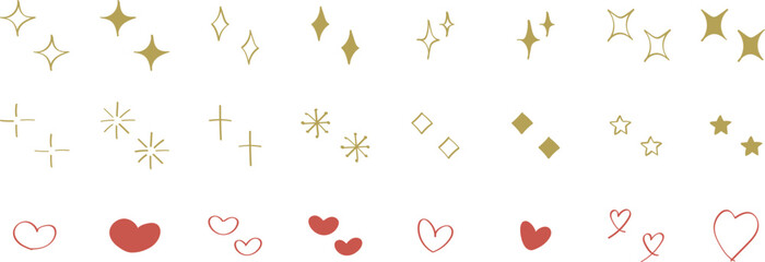 かわいい手描きのあしらいセット（キラキラ・ハート）赤　黄色　金色