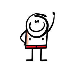 A teenager in red swimming trunks on the beach raised his hand in greeting.