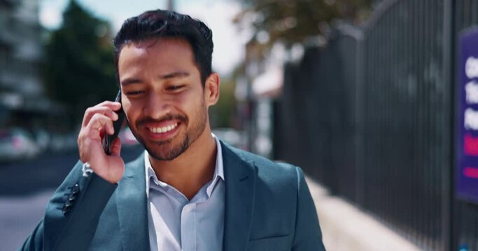 Phone call, answer and man in city with online, business conversation and networking on voip mobile app. Happy Asian person with travel feedback, career communication and walking on urban sidewalk