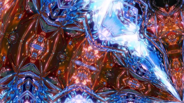 Beautiful trippy kaleidoscopic animation in light blue and bronze colors