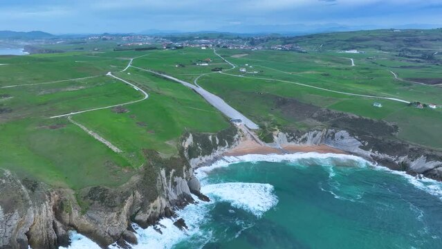 Landscape around the Hermitage of Santa Justa and Tagle beach. Aerial view. Suances Municipality, Cantabrian Sea, Cantabria, Spain, Europe