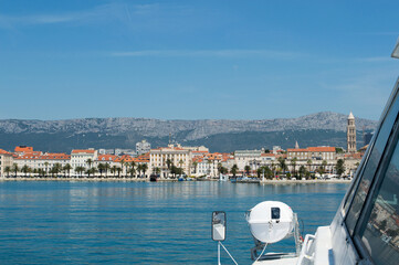 Historic city of Split, waterfront view from the ship, summer vacation