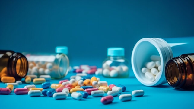 Assorted pharmaceutical medicine pills, tablets and capsules and bottle on blue background Copy space for text. Generative AI