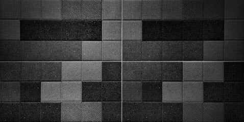 dark black modern stylish texture of graphical tile background contains dots, lines, stripes, oblique pattern. repeating geometric tiles, close up view, for rustic and industrial decoration.