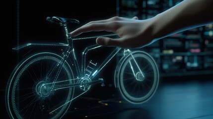 Obraz na płótnie Canvas Designer develops new futuristic bike using computer hologram created with generative AI technology