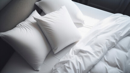Bed maid-up with clean white pillows and bed sheets in beauty room. Close-up. Lens flair in sunlight., image ai generate