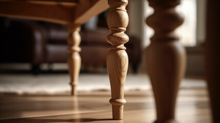close up wooden armchair leg in morning light home interior,image ai generate