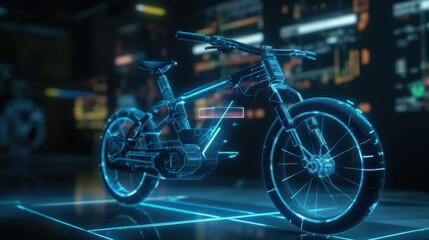 Fototapeta na wymiar Designer develops new futuristic bike using computer hologram created with generative AI technology