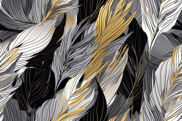 Seamless pattern with gold and silver feather. Generative AI illustration.
