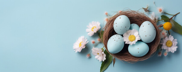 Easter eggs and spring themed flowers banner or marketing background, easter theme