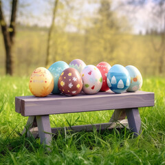 painted easter eggs on a wooden bench in a spring outdoor setting, photography background, easter themed