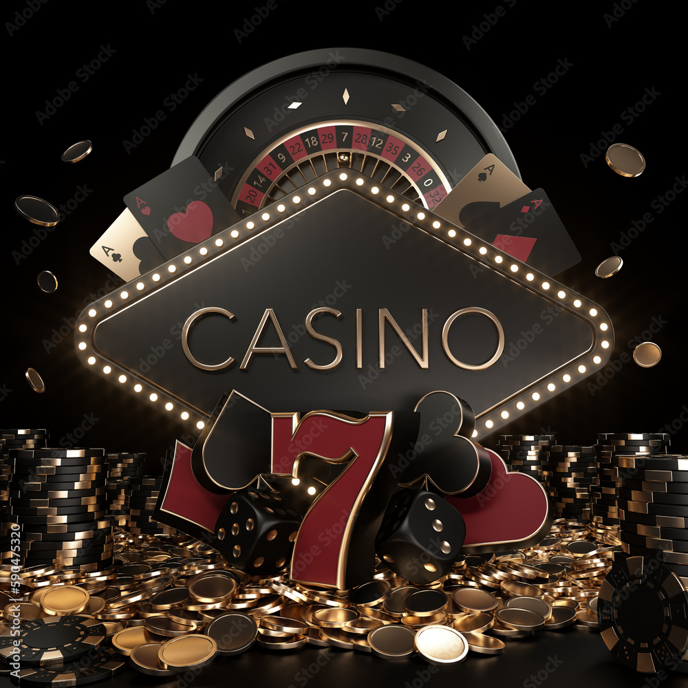 Wall mural modern black, red and golden casino banner with yellow neon lights, roulette wheel, chips, dices, ca