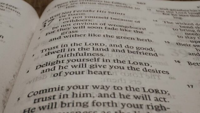 Closeup view of an American boy opening the Bible and starting to read