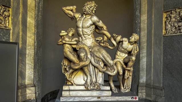 Closeup of the marble statue Laocoon and His Sons by Joseph Chinard in a museum in Italy