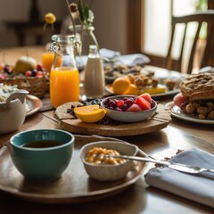 Light breakfast with juice, oranges and cereals on the neat table, Generative AI