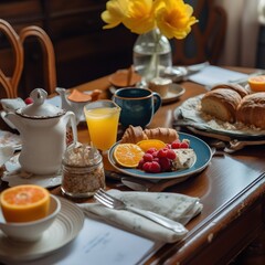 Light breakfast with juice, oranges and cereals on the neat table, Generative AI