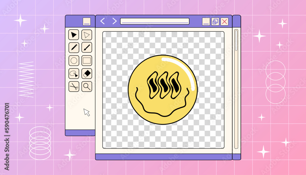 Poster a computer window of retro graphic redactor with smiling face on a gradient background, vector y2k i