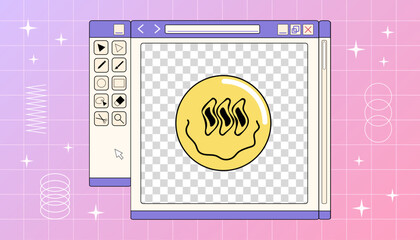 A computer window of retro graphic redactor with smiling face on a gradient background, vector Y2K illustration.