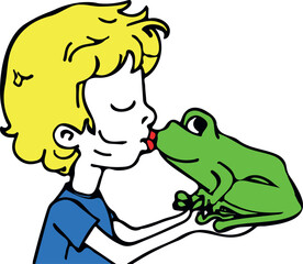 Vector illustration of a boy kissing a frog isolated on a white background.