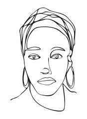 Vertical vector illustration of a woman's face in a one-line style isolated on a white background.