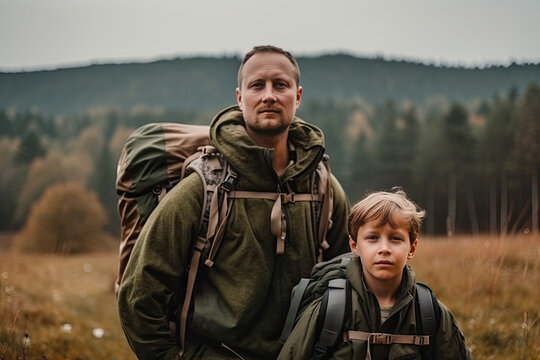 Portrait of Father and Son with hiking backpacks on the field. Daylight. Generated Ai . Father's Day concept