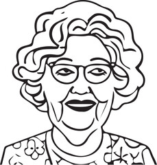 Black lined portrait drawing of a granny