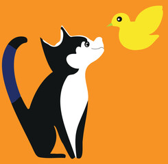 Vector illustration of a cartoon cat and yellow bird on orange background