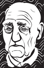 Black and white picture of a sad old man with big eyes and wrinkles on his face