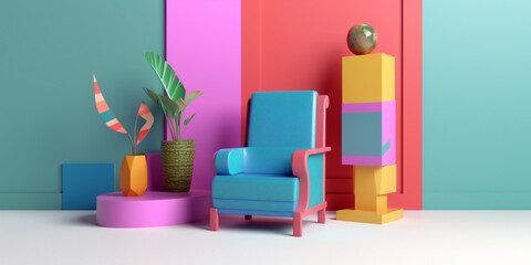 room memphis geometric home design interior pink armchair colourful sofa art. Generative AI.
