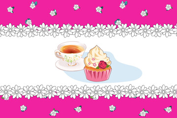 ティータイム　ブレイクタイム　美味しそうなスイーツ　紅茶　イラスト　生クリーム　スコーン　ホイップ