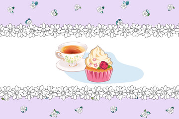 ティータイム　ブレイクタイム　美味しそうなスイーツ　紅茶　イラスト　生クリーム　スコーン　ホイップ
