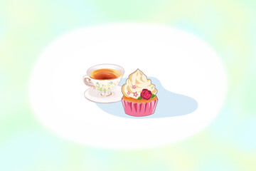ティータイム　ブレイクタイム　美味しそうなスイーツ　紅茶　イラスト　生クリーム　スコーン　ホイップ