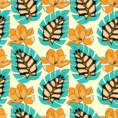 Pattern tropical leaves and Magnolia, hand drawn. Vector illustration