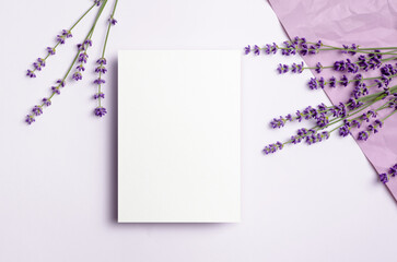 Blank greeting, invitation or flyer card mockup with lavender flowers