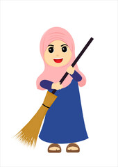vector illustration of a moslem woman sweeping with a broom