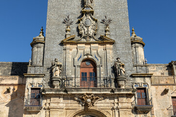 Arcos de la Frontera, Spain. Renaissance facade and tower of the Iglesia de Nuestra Senora de la Asuncion (Our Lady of the Assumption Church)