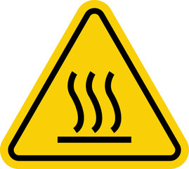Hot surface sign. Hot surface warning sign. Yellow triangle sign with surface smoke icon inside. Caution, risk of burns.