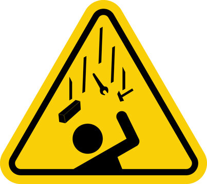Falling objects danger sign. Falling objects warning sign. Caution, falling objects from a height on construction sites cause injury. Yellow triangle sign with icon of falling tools on a person.