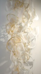 Delicate white organza ribbons and fine golden threads on a pristine white background