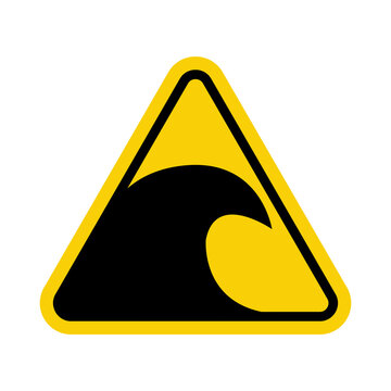 Tsunami sign. Tsunami warning sign. Yellow triangle sign with tsunami wave icon inside. Beware of big waves. Risk of drowning.