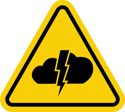 Storm warning sign. Yellow triangle sign with lightning and cloud icon inside. Beware of bad weather. Thunderstorm danger. Watch out for lightning bolts. Bad weather, hurricane, thunderstorm, storm, s