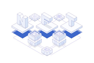 NFT letters in isometric vector modern illustration, with blue thin line on white halftone background. NFT 3D illustration. Isometric vector illustration.