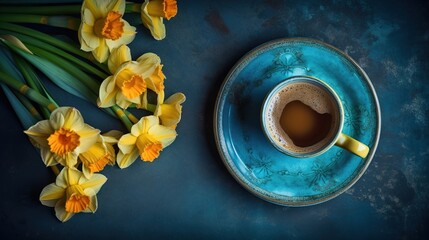 Obraz na płótnie Canvas Cup of coffee and yellow daffodils on blue background. flat lay, copy space. generative ai