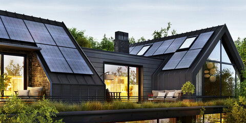 Solar panels on the roof of a beautiful modern home