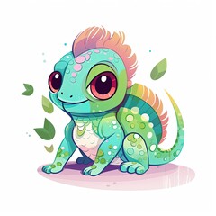 Obraz premium kawaii cartoon animal character design, cute fairy baby chameleon lizard in colorful tone color , Generative Ai