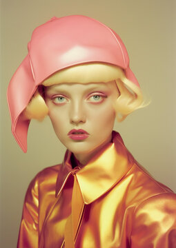 woman colourful beauty latex hat glasses fashion creative pink art portrait. Generative AI.