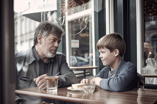 Portrait of Father and Son sitting in cafe. Daylight. Father's day concept. Family time. Generated Ai