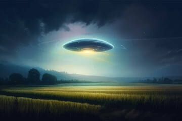 Alien flying saucer over a wheatfield at night. UFO Sighting Over the Field. Fantasy landscape. 3D vector illustration. Image. Digital painting.