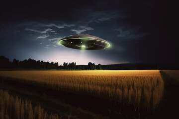 Naklejka na ściany i meble Alien flying saucer over a wheatfield at night. UFO Sighting Over the Field. Fantasy landscape. 3D vector illustration. Image. Digital painting.